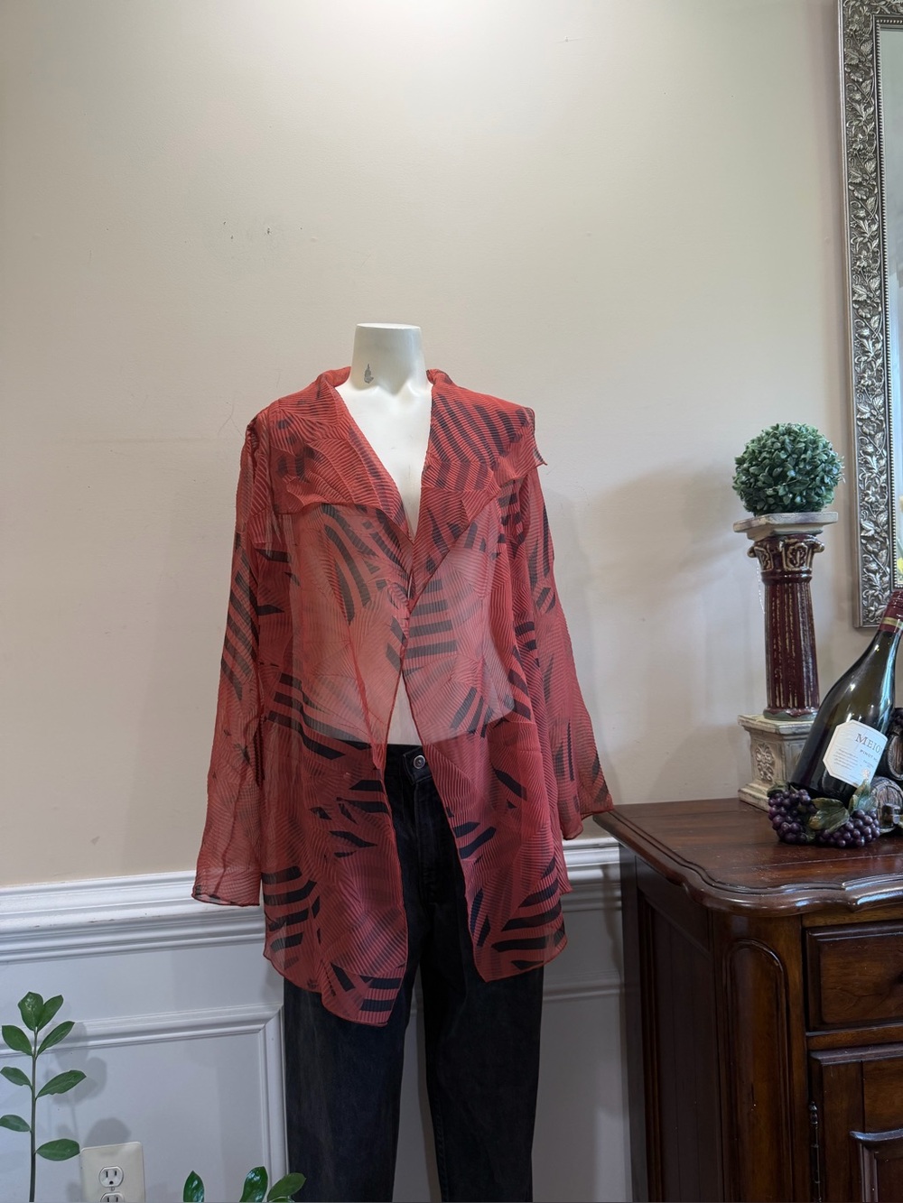 Ray Harris London Sheer Red Abstract Print Open Front Blouse